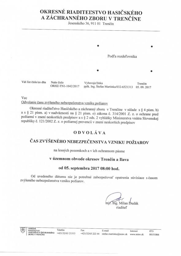 Odvolanie času zvýšeného nebezpečenstva a&nbsp;vzniku požiarov